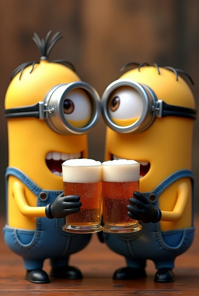 create a picture of Stuart minions, Kevin and Bob each with a glass of beer making a toast to each other