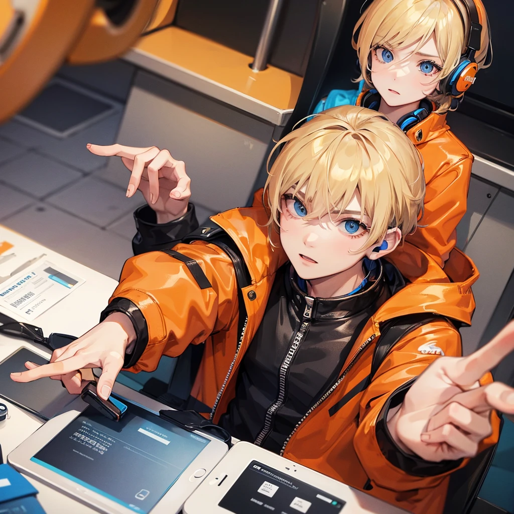 Blond boy with blue eyes in orange jacket. Playing on your cell phone with gaming headphones on your ears