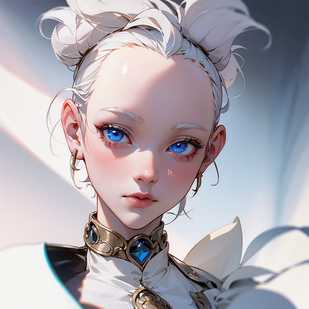 An albino boy, with hair up to shoulders, blue eyes with a porcelain doll face and lips with a light wine tone