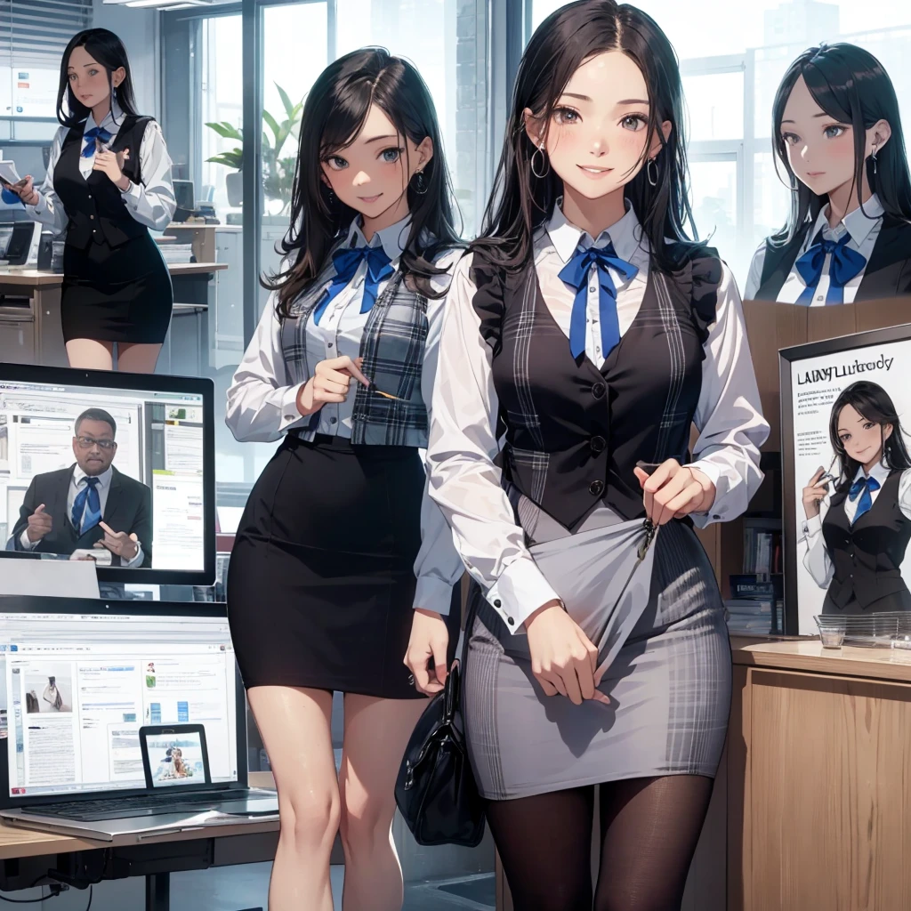 (Best Quality, Masterpiece),Wearing a pink plaid vest, White short sleeved shirt, Gray pencil skirt, Wear stiletto heels, Necklace, earrings, Cute face, Smile, Blushing, Shyness, Glass wall, Ultra Detail, Realistic, Front view, Whole body, stunning, cute, warm smile, hourglass figure, apron, text, chart, advertising, magazine title(Best Quality, Masterpiece), Mag((((1ladyl,)))) (masterpiece), (realistic), (best quality), (ultra-detailed), (wearing in [[white and gray check pattern]] Vest worn over white collared long-sleeved shirt:1.4), (gray vest with buttons:1.2), (Pink Theme:1.2), (blue ribbon ribbon:1.3), (Black theme:1.4), (Tight black pencil skirt:1.5), ((Brown pantyhose)), (high-heels:1.1),longskirt,office desk, office chair,Lulubre Unity 8K Wallpaper, pantyshot, long brown hair, office lady Magazine Cover, 1girl,  amazing, girl, 30 years old, house wiife, warm smile, hourglass figure, text, chart, advertising, magazine title