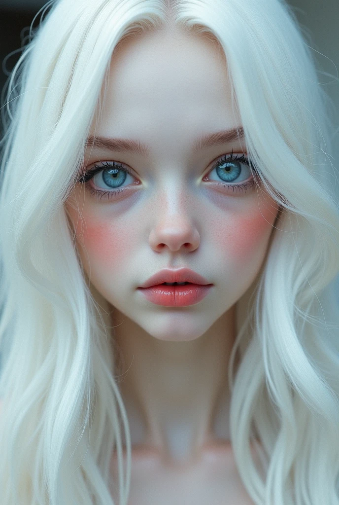 a girl with white long hair blue eyes white pale skin red lips white eyebrows button nose 