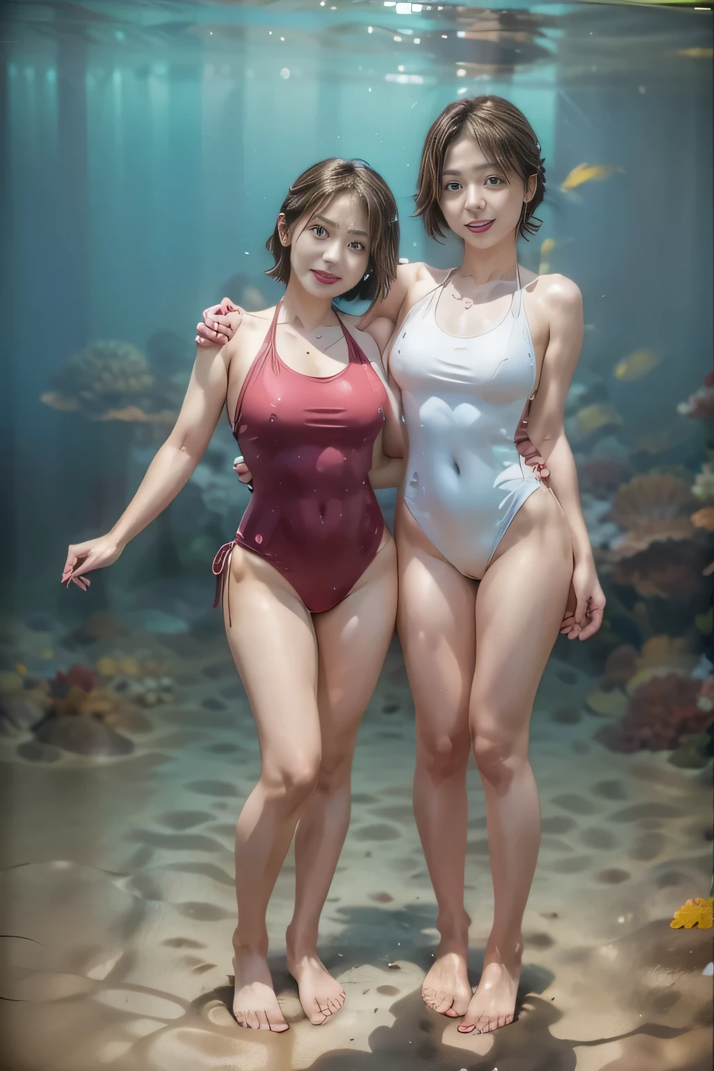 (((Young and slim Japanese woman posing under the sea))), Natural front light, Super sharp focus, (((Light Skin))),Big eyes with long eyelashes and double eyelids, Strap Pin Heel、Dynamic Angle,Red lips,smile, Two Girls, ((Wave your arms)), (((Slender figure))), (Full Body Shot:2), (((The woman on the right is wearing a one-piece swimsuit、The woman on the left is wearing a bikini))), (((Slim waistline)))、The woman on the right has a blonde ponytail.、The woman on the left has medium straight hair、Love Hotel、