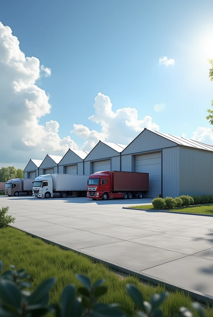4 warehouse doors, 4 trucks, The roof is tent-type, Show me the outside view of the warehouse from a distance