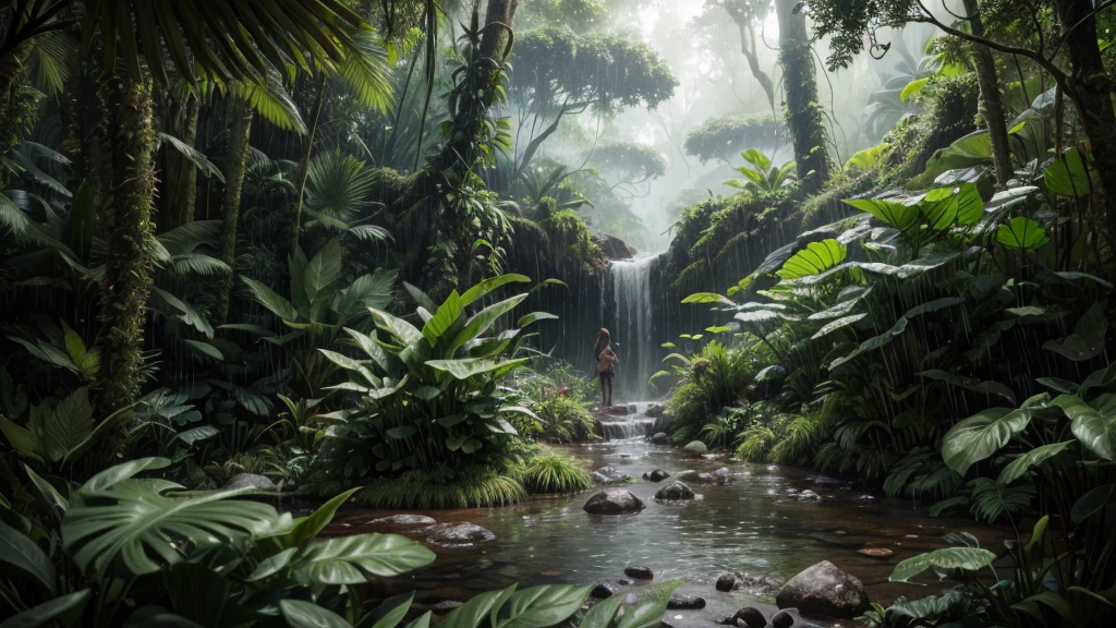 [Core Concept] A lush, verdant rainforest scene in the Amazon, with a heavy downpour of rain.

[Character Description] The image depicts the dynamic and untamed nature of the Amazon, with no human presence, allowing the viewer to immerse themselves in the primal beauty of the natural world.

[Environment/Background] The Amazon rainforest, teeming with a diverse array of tropical flora, stretches out in all directions, shrouded in a veil of cascading raindrops that create a sense of enveloping atmosphere.

[Style and Atmosphere] The scene has a moody, atmospheric quality, with the heavy rainfall creating a sense of drama and intensity, contrasting with the serene and primeval nature of the Amazon's ancient ecosystem.

[Composition] The frame is filled with the lush, verdant foliage of the rainforest, with the rain accentuating the depth and layers of the landscape, drawing the viewer's eye deeper into the scene.

[Details and Embellishments] Intricate details of the rainforest's diverse flora, such as towering trees, vibrant ferns, and intricately patterned leaves, are visible, capturing the richness and complexity of this unique ecosystem.

[Technical Specifications] The image is rendered with a high level of photorealism, using advanced techniques to capture the nuances of light, shadow, and texture, creating a captivating and immersive visual experience.