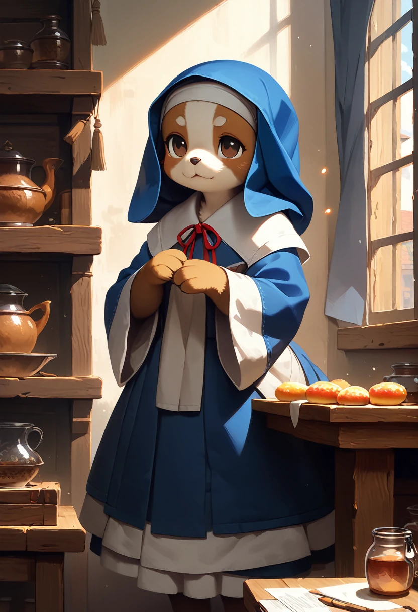 highres, top quality, best quality, paid reward available, High-quality illustrations by Johannes Vermeer, unparalleled masterpiece, perfect artwork, absurdres, perfect anatomy(highly detailed beautiful face and eyes)(angelic cute 1girl, kemono, solo focus)(furry)(furry anthro)(Furry body, dog facial features, dog body features)(very detailed body fur)full body, dynamic pose,