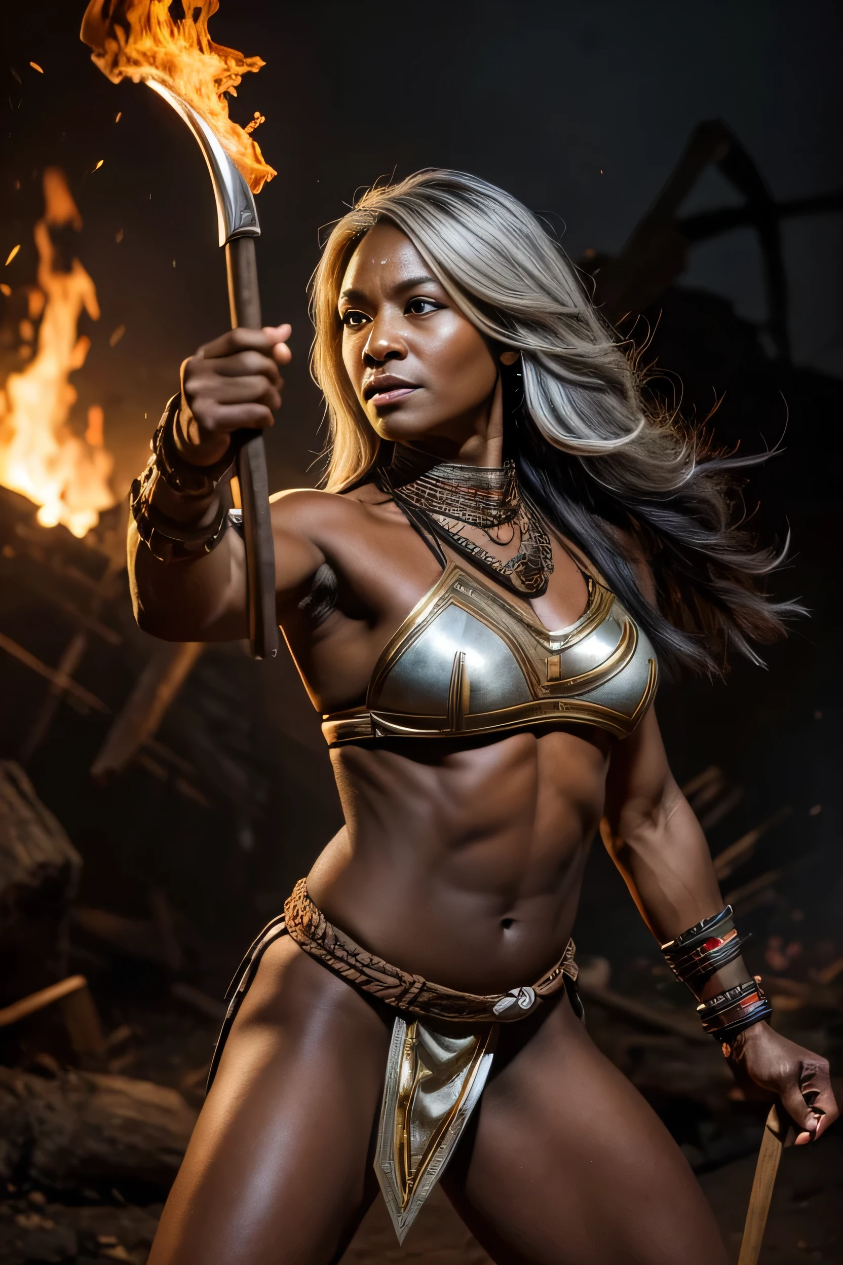 Beautiful dark-skinned Amazon warrior woman, 50 years old, gray hair, wearing a primitive loincloth, strong, holding a spear, in a fighting pose,  in front of burning tanks