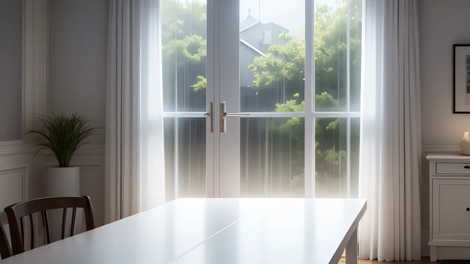 white room with table beside window, white curtain, rainy season, waterdrop on window mirror, detail realistic, realistic, 16:9 ratio, 4k resolution
