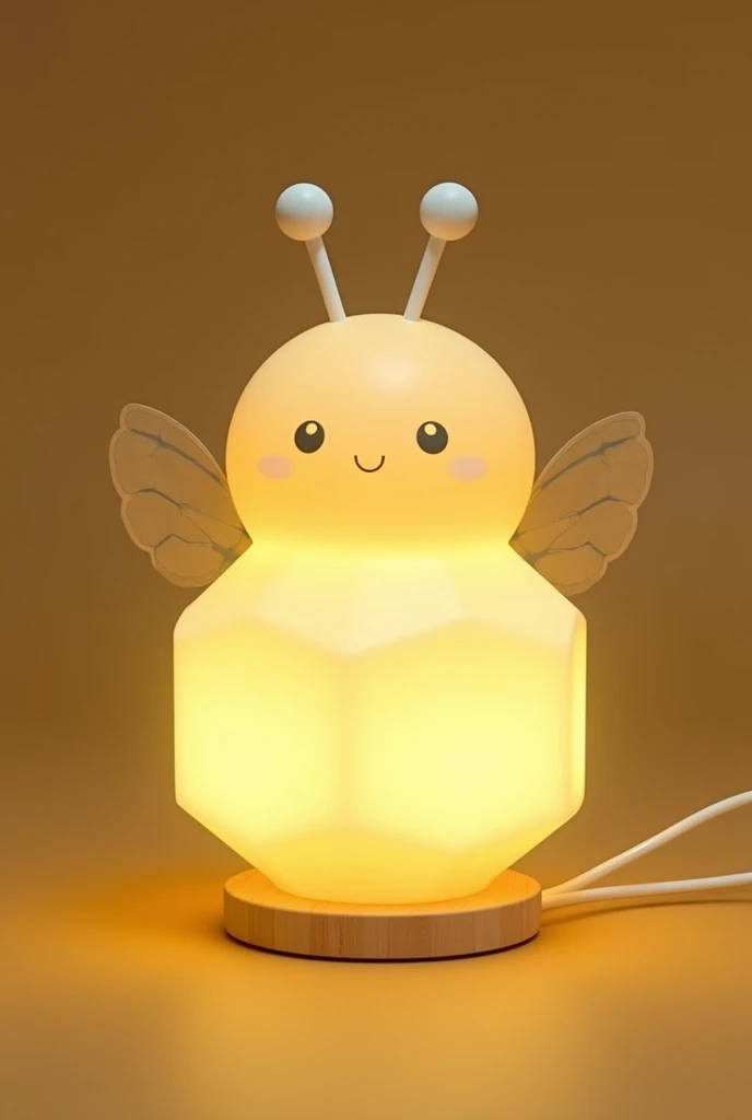 The minimalist lightstick has a hexagonal or stylized bee shape, with light golden yellow main color and white details. It has a subtle hexagonal texture visible only with the light on. The light is uniform and soft, in a soft amber or golden tone, the cable is nothing, it's simple, in silver or white with small details in golden yellow. lots of glow
