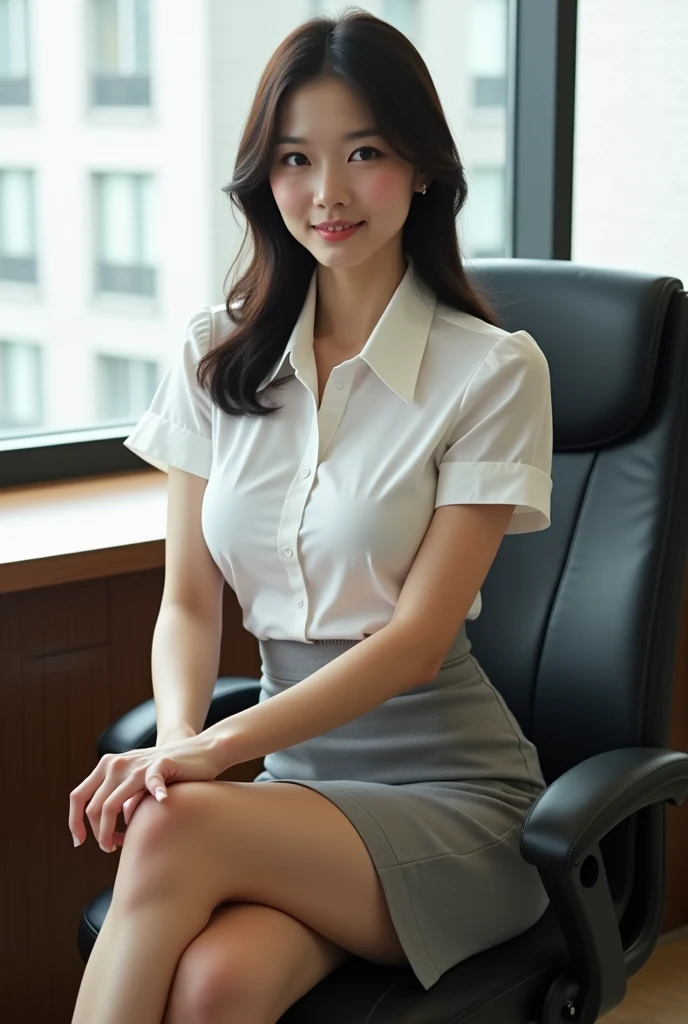 Highest quality, masterpiece, Beautiful Japanese Women, ((50th Generation, Office-ready, tight short skirt))), (((58 years old))),((In the office)), Huge breasts,Panty shot,Sit on a chair