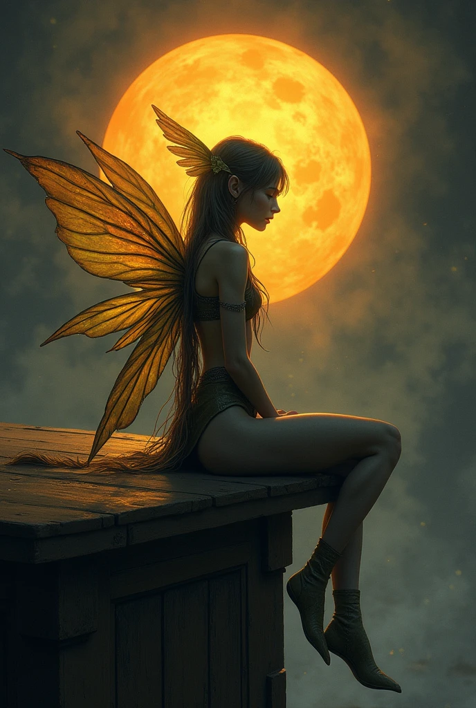 a female Sprite sits on a table looking at you, in a dark sun fantasy art style
