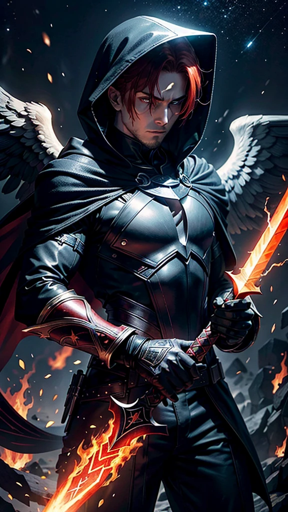Male Archangel descending from the starry sky, with a flaming sword in his hand, black clothes red hair, in Cartoon, face covered with a mysterious hood and a menacing aura, on his chest a scar that says OMG, in his other hand is a small dark dagger
