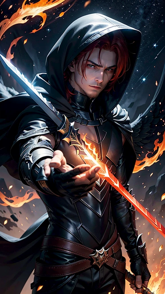 Male Archangel descending from the starry sky, with a flaming sword in his hand, black clothes red hair, in Cartoon, face covered with a mysterious hood and a menacing aura, on his chest a scar that says OMG, in his other hand is a small dark dagger