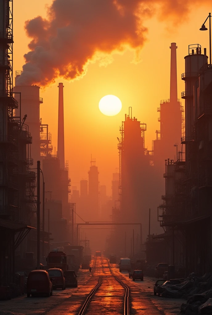 SCENE 1: IMAGES OF THE CITY
Prompt:
Describe the sunrise in Desert City, focusing on the metallic buildings that shine in the rising sun. Capture the industrial atmosphere with smoke rising from factory chimneys. Include the sound of machines working, evoking a sense of activity and city life.