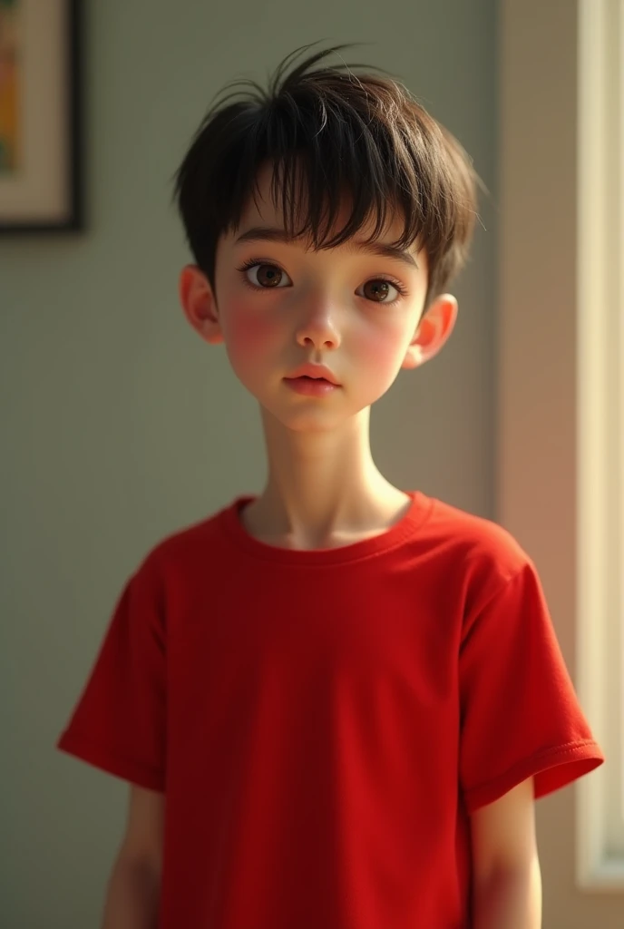 A thin boy in a red shirt
