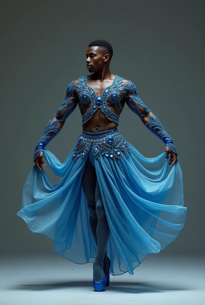 Black male classical dancer in blue gemstone classical ballet costume Beautiful and luxurious conceptual photo High quality 8k No defects 