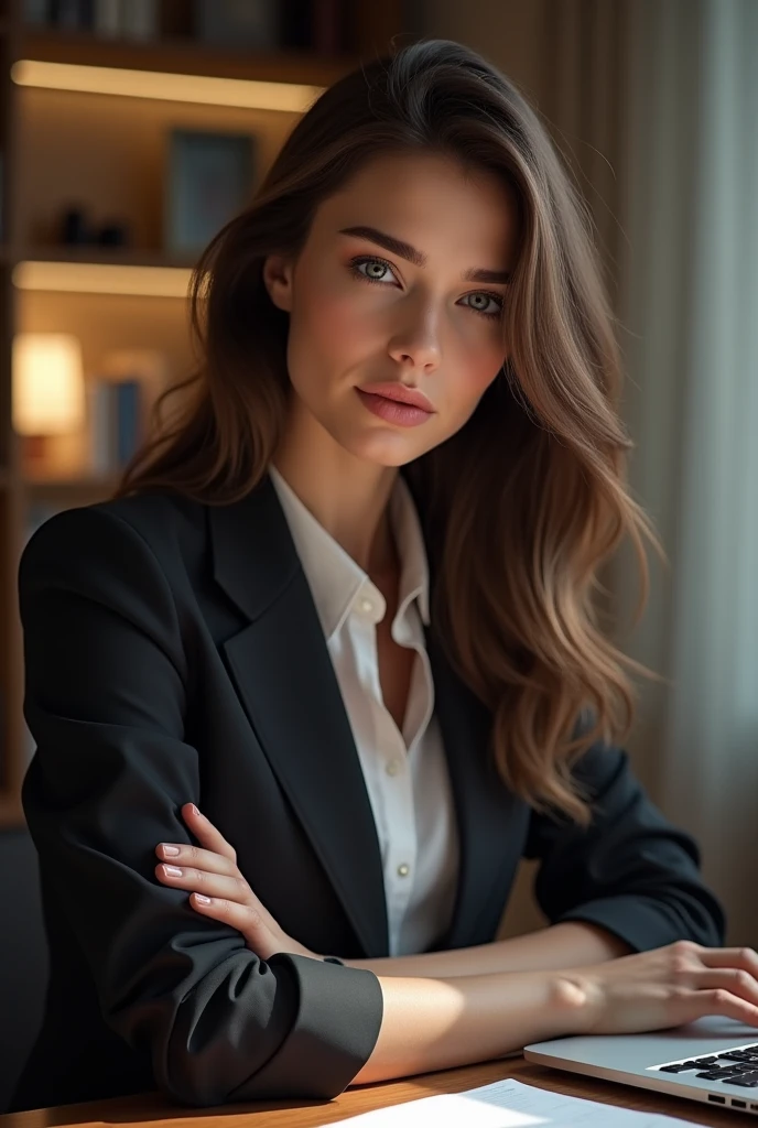 une belle fille aux longs cheveux bruns, detailed eyes, nose, and lips, porter une tenue professionnelle, assise dans son bureau, ordinateur HP (best quality,4K,8k,high resolution,head of&#39;artwork:1.2),ultra-detailed,(realistic,photorealistic,photo-realistic:1.37),HDR,studio lighting,Highly detailed face and body, portrait,Cinematic lighting,Dramatic lighting,warm color tones,couleurs dramatiques