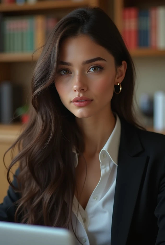 une belle fille aux longs cheveux bruns, detailed eyes, nose, and lips, porter une tenue professionnelle, assise dans son bureau, ordinateur HP (best quality,4K,8k,high resolution,head of'artwork:1.2),ultra-detailed,(realistic,photorealistic,photo-realistic:1.37),HDR,studio lighting,Highly detailed face and body, portrait,Cinematic lighting,Dramatic lighting,warm color tones,couleurs dramatiques