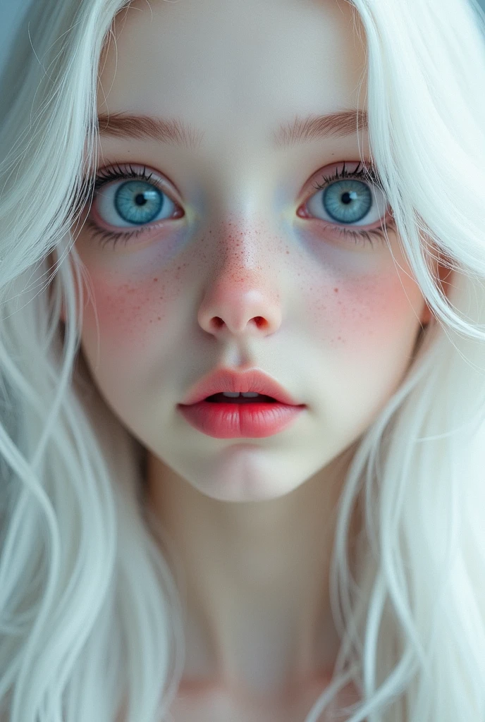 a girl with white long hair blue eyes white pale skin red lips white eyebrows button nose 
