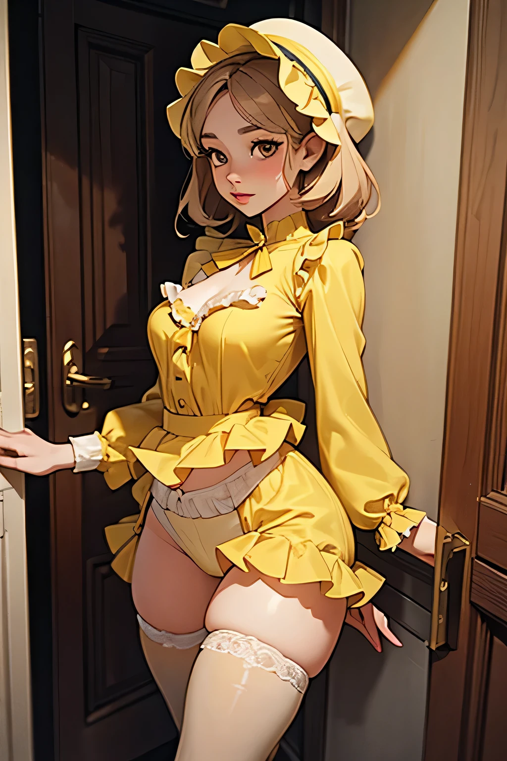 Pretty girl with beige hair, brown eyes, big lips, with small breasts wide hips, wearing a frilly yellow bonnet, yellow onesie, wearing a frilly white diaper and stockings, standing in a doorway, seductive