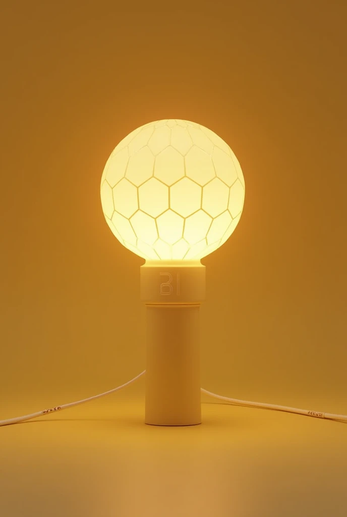 The minimalist lightstick has a hexagonal or stylized bee shape, with light golden yellow main color and white details. It has a subtle hexagonal texture visible only with the light on. The light is uniform and soft, in a soft amber or golden tone, the cable is nothing, it&#39;s simple, in silver or white with small details in golden yellow. lots of glow