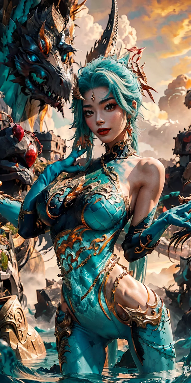 ((Tall girl reciting mantras)), peeking out from under his forehead, BREAK, (Fog in the background, Chaos, destruction, Gold Chains, Blood and sand), (Slim_thights:1.3), ((big breastes)), Slender_thights, aqua hair, 1girl, solo, (shapely body:1.4), generous cleavage, Skinny, detailed anatomy, the perfect body, Detailed body, detailized face, Beautiful anatomical eyes. BREAK Kaisa Dragon Lagoon, The BREAK is very detailed, Intricately detailed art, Artstation's Detailed Triadic Color Trend in Unreal Engine 5, 8K resolution, deviantart masterpiece.