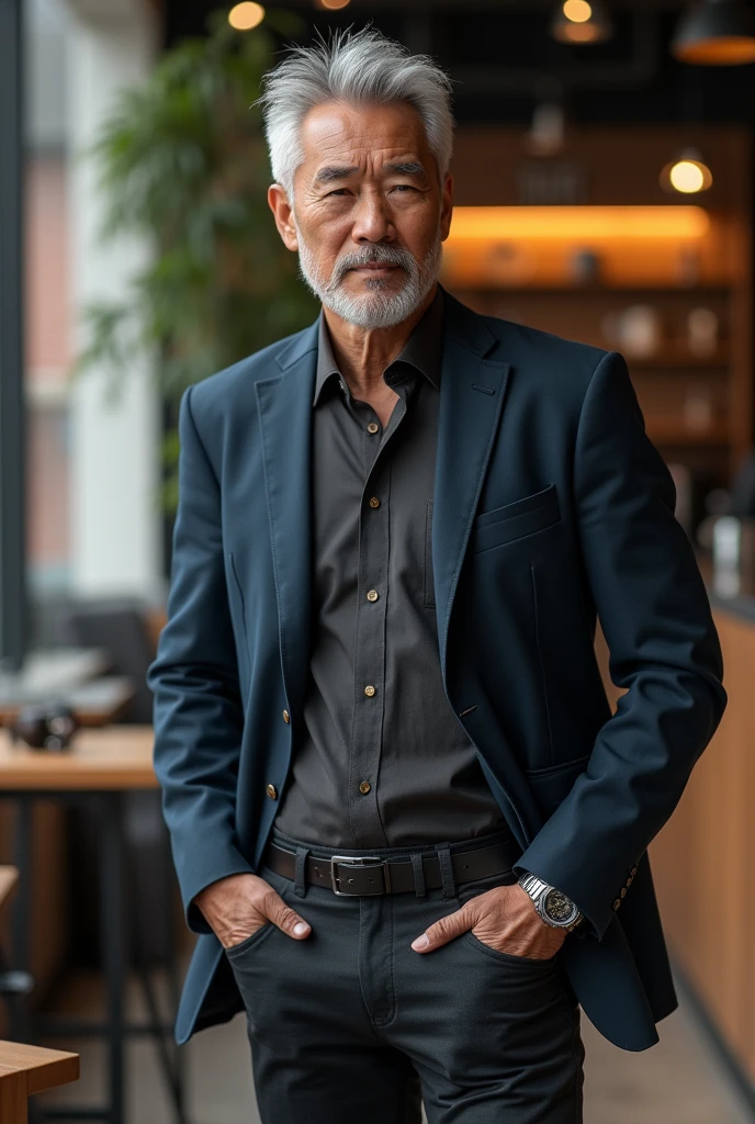 Gray-haired man 50 years old 90 kg modern clothing, tight pants and cinnamon sample, expensive watch, cool spiky hair,