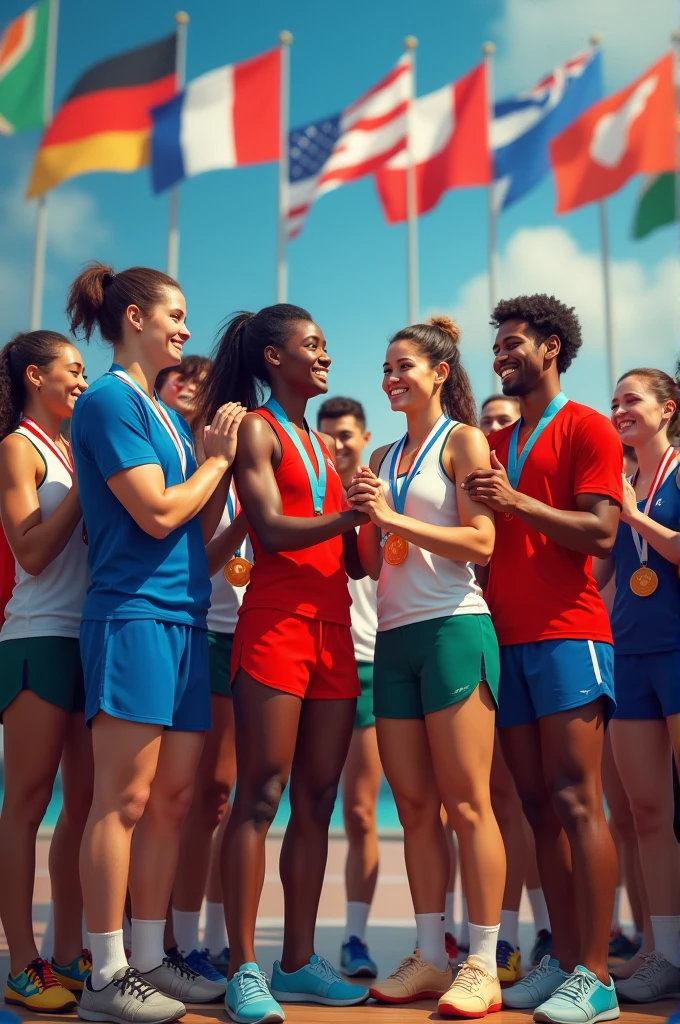 An image showing athletes from different countries greeting each other and exchanging medals