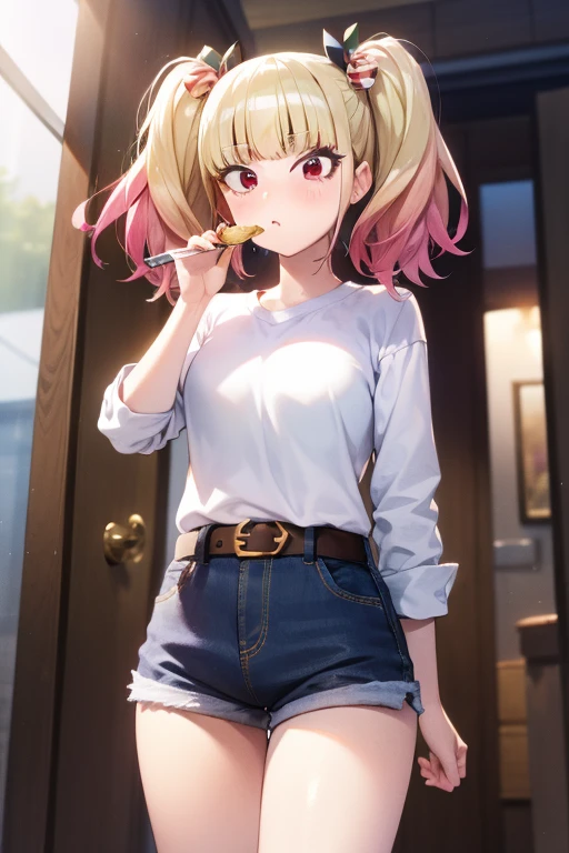 ((masterpiece)),(best quality),official art,extremely detailed CG,unity 8k wallpaper,ultra detailed,beautiful detailed eyes,extremely detailed face,1girl,solo,cowboy shot,looking at viewer,niguredou julia,multicolored hair,gradient hair,pink hair,blonde hair,twintails,food-themed hair ornament,mushroom hair ornament,red eyes,white shirt,long sleeves,denim shorts,shorts rolled up,belt