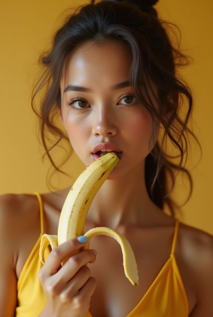 PICTURE REALISTIC, a one woman, fully body, eating banana, 