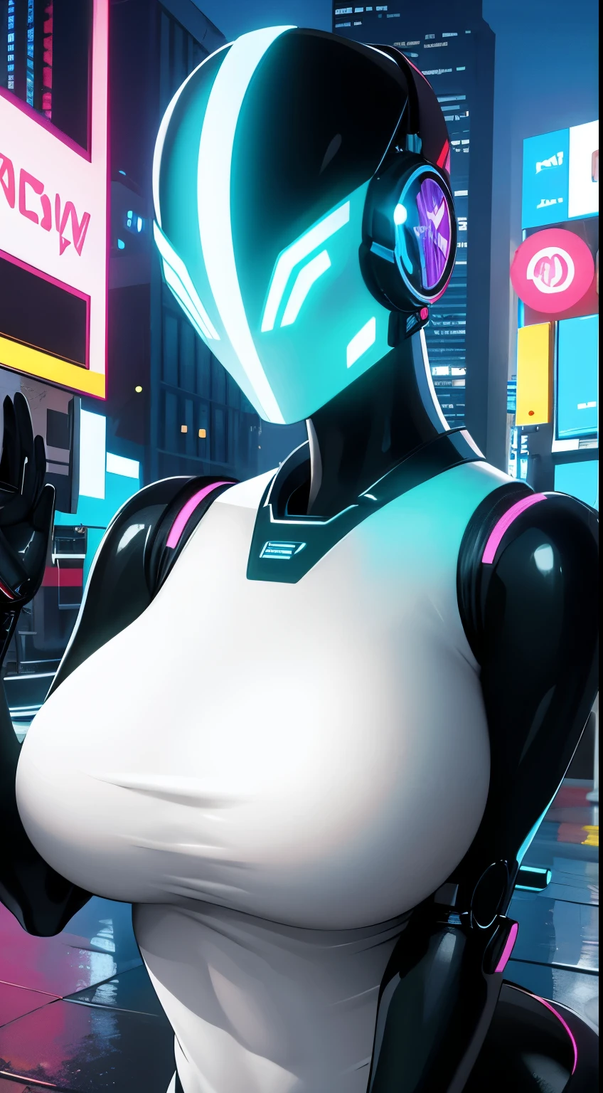 A robot girl with a futuristic appearance and advanced technology, (ultra-detailed,realistic:1.37), [prostituta], beautiful detailed eyes, beautiful detailed lips, long eyelashes, vibrant synthetic skin, sleek metallic body, glowing LED lights, impeccable makeup and hairstyle. She stands in a bustling city street, surrounded by holographic advertisements and neon lights. The cityscape is filled with towering skyscrapers and futuristic vehicles. The air is filled with a mix of artificial scents and the bustling sounds of people and machines. The robot girl confidently walks with a graceful and alluring demeanor, drawing the attention of onlookers. The color palette is a combination of vibrant neon colors and cool metallic tones. The lighting is a mix of the bright city lights and the soft glow of the robot girl's LED lights on her body, creating an enchanting atmosphere. The image is of the highest quality, with ultra-detailed rendering and a photorealistic appearance.