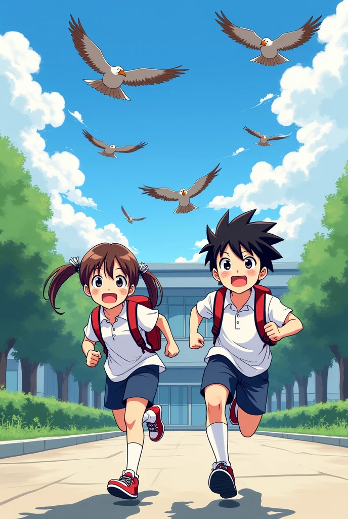 Make a sketch of two people running after leaving school, and birds flying near them in anime style