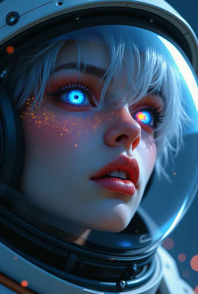 (Close-up of a better masterpiece:1.5)0.9], (Space and astronauts:1.2) (Messy silver hair:1.1) (Heterochromia xanthochromia and blue eyes:1.2) (Space Helmet:1.0) (Colored stars in the eyes:1.0) (A radiant glow:1.1) (thick lips:0.9)