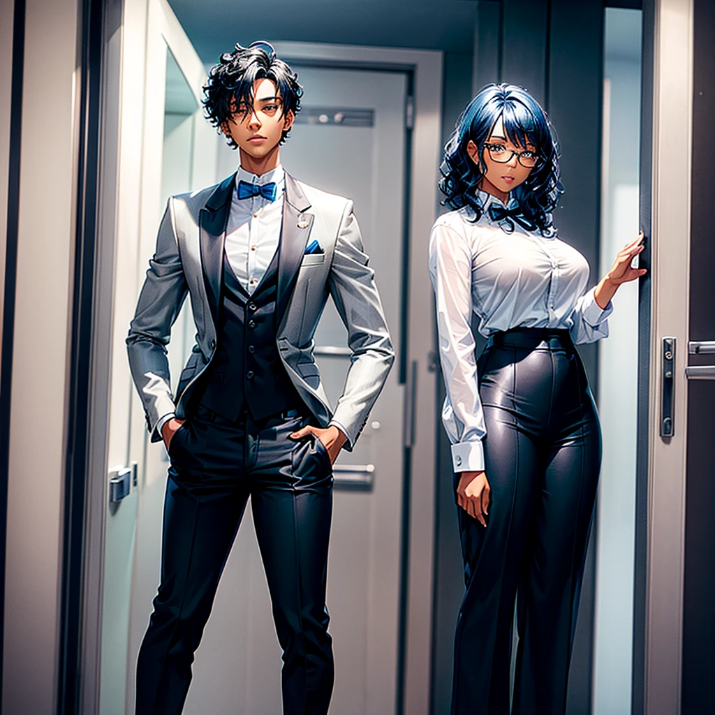 Adult black girl with short blue hair and wavy hair, tall stature and slim build, wearing an elegant white shirt and a stylish jacket with an untied black tie around it