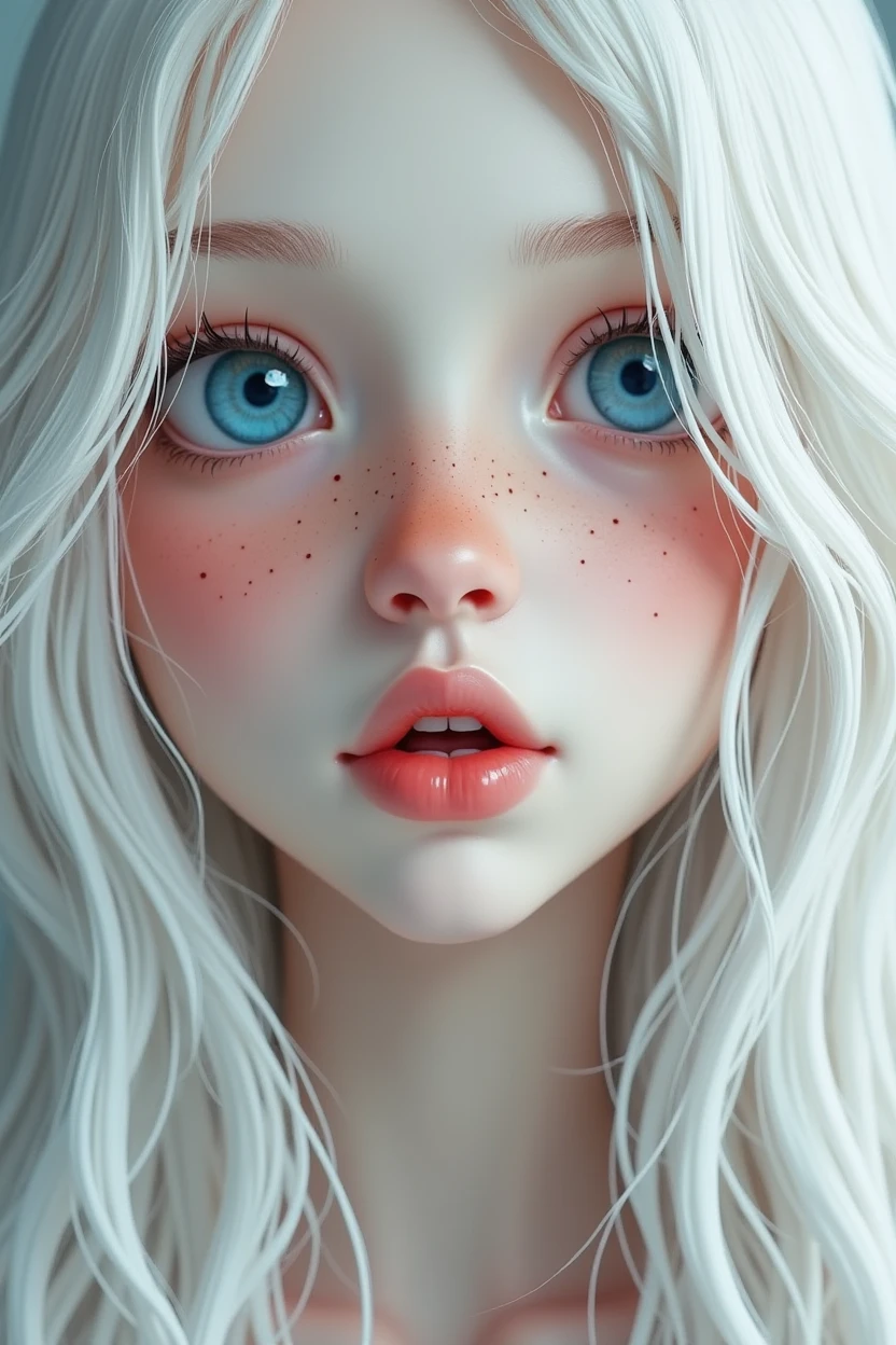 a girl with white long hair blue eyes white pale skin red lips WHITE EYEBROWS button nose white eyelashes