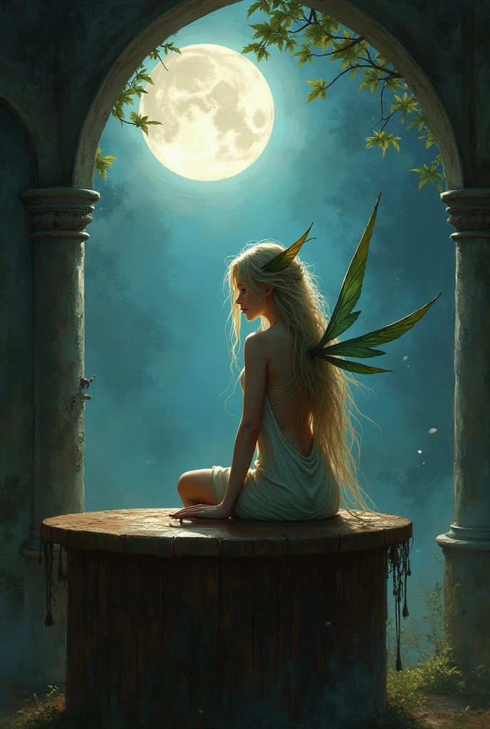 a female Sprite sits on a table looking at me, in a dark sun fantasy art style