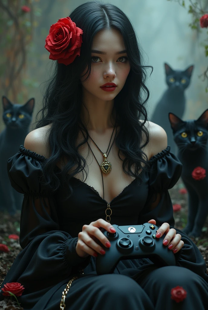 woman with wavy black hair, a Red Rose in hair, black medieval dress, with an XBox joystick in her hands playing in hell with Black cats 