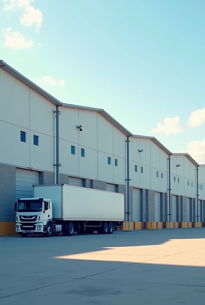4 warehouse doors, 4 trucks, The roof is tent-type, The roof is one big thing. Show me the outside view of the warehouse from a distance. The truck is parked right in front of the warehouse., There is another identical warehouse across the street..