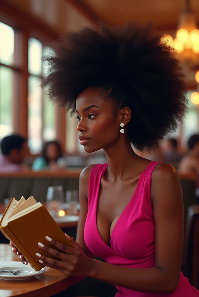 Black girl in restaurant with a book, and pink dress with white nails, Profile, curvy
