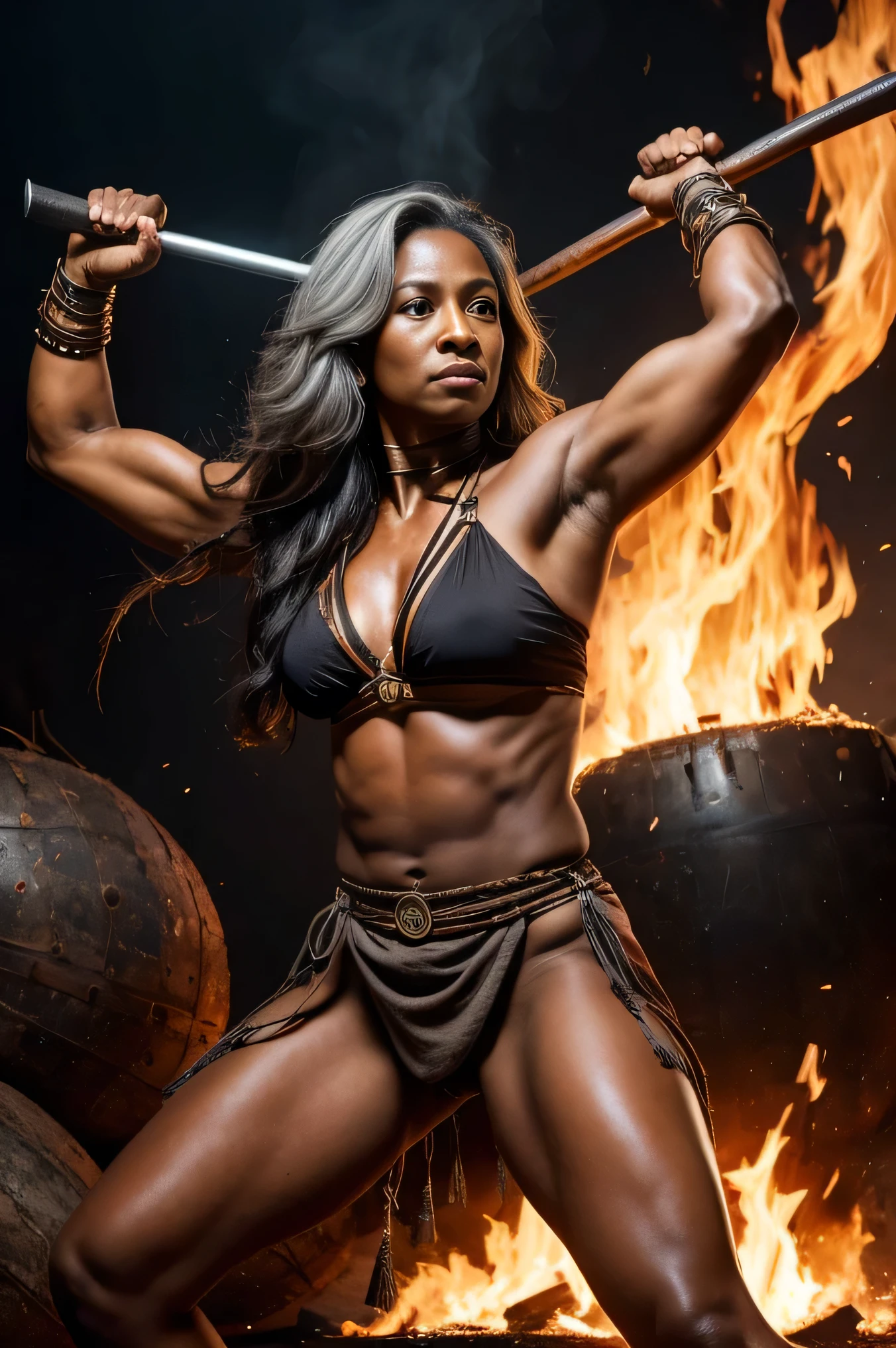 Beautiful dark-skinned Amazon warrior woman, 50 years old, gray hair, wearing a primitive loincloth, strong, holding a spear, in a fighting pose, in front of burning tanks