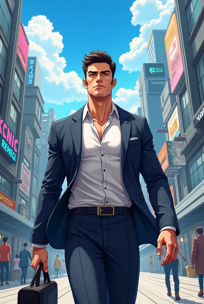 Man with six pack abs and chaste hair going to work in anime