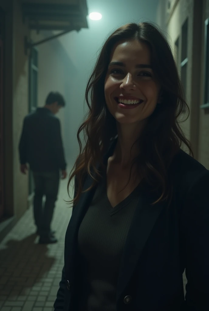 Smiling woman in front and sad man in back walking away , realistic 4k Only one man in the image With the man's back to the woman Darker image
