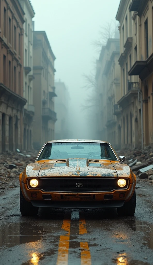 Electric muscle car from the future,blade runner, Have on the street,the street,Fragmentation,Background of the ruins,detailedbackground