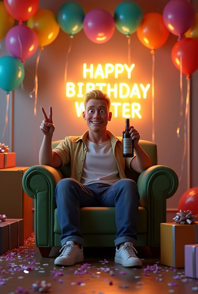 Realistic image of a birthday party. There are balloons of various colors floating and taped to the walls, as well as streamers and confetti scattered on the floor. A lighted sign with the letters "HAPPY BIRTHDAY WALTER" hangs on the wall. In the center of the room is an armchair with an adult Caucasian man with short dark blond hair, a very broad forehead and a hairless oval face with a large nose, holding a bottle in one hand and making a peace sign with the other. The man is dressed casually and is surrounded by gift boxes.