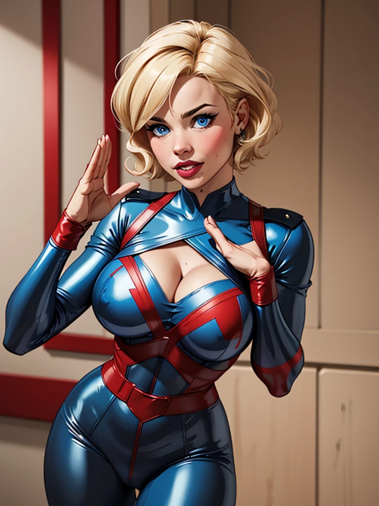 Blonde girl with short hair, blue eyes wearing a blue hero costume, cleavage showing her breasts, blue latex costume with red details, with a red Saluting like a soldier 