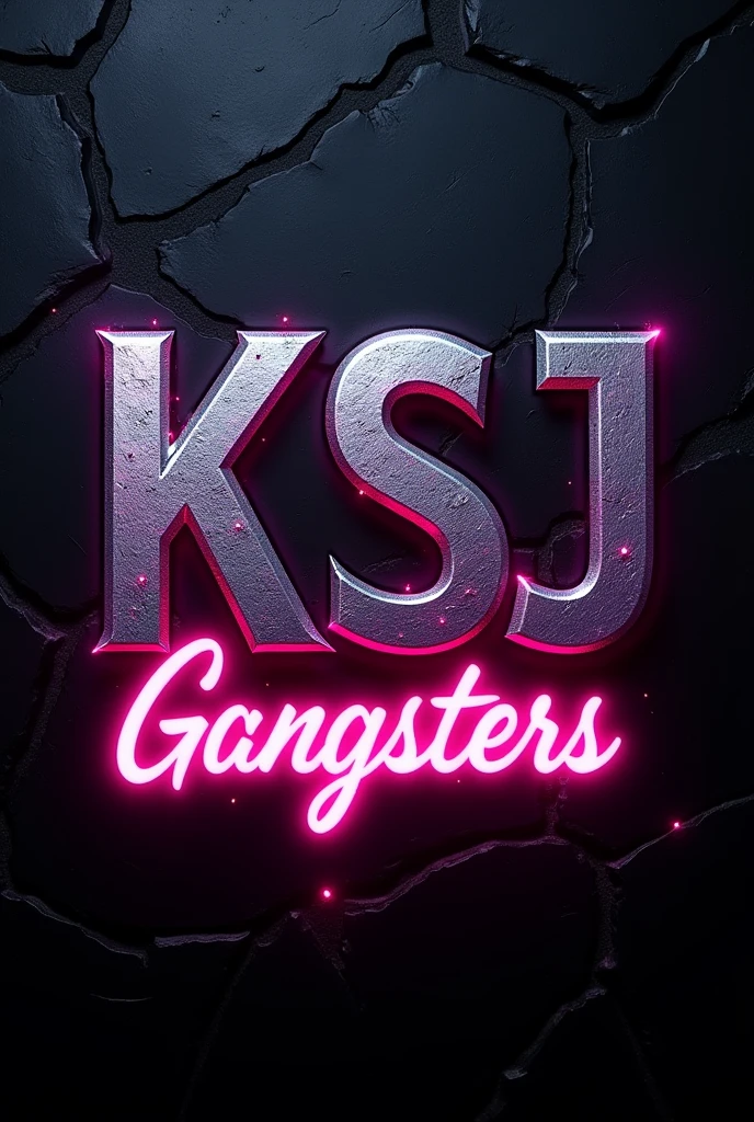 Full HD image with a text that says "KSJ" and down "Gangsters" and the letters are shiny silver with a very strong neon pink outline and the background is dark with cracks and