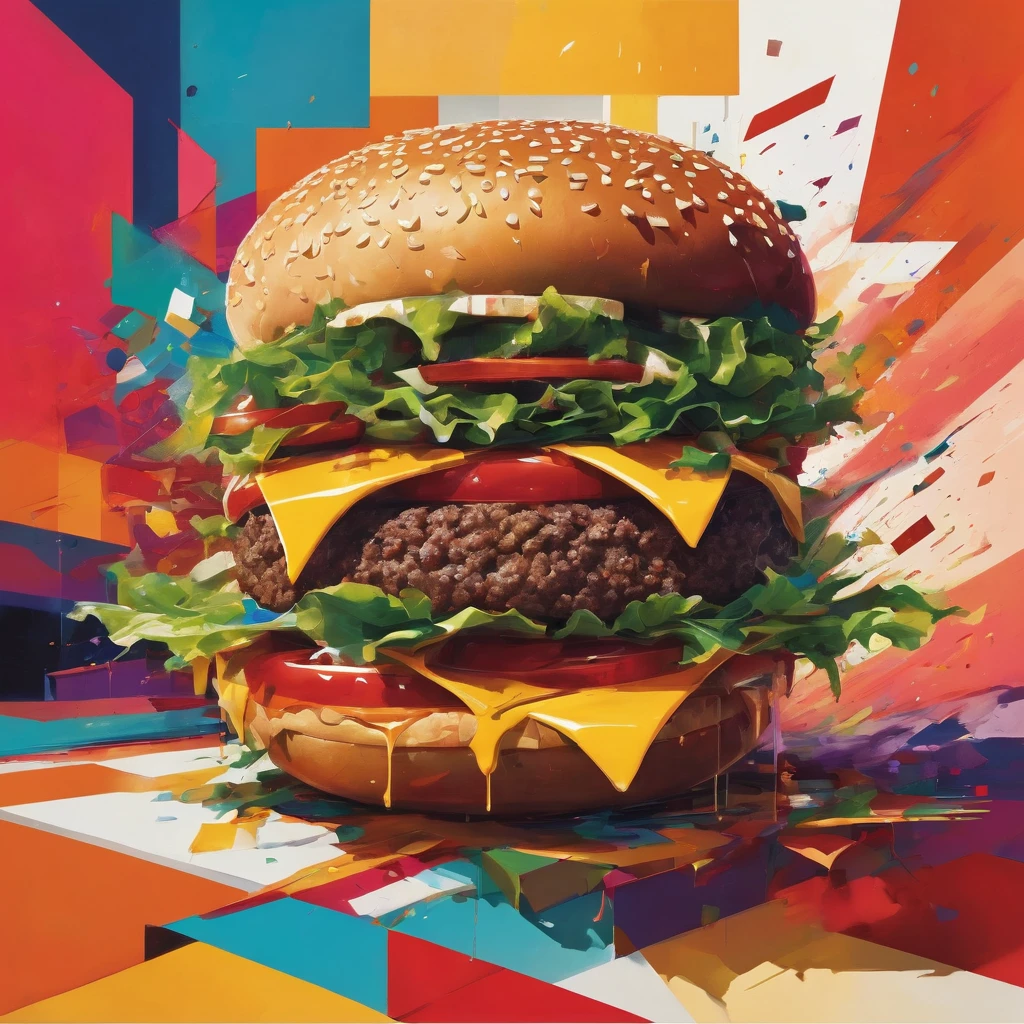 "Visualize an interpretation of a hamburger. Break down the shape of the hamburger into geometric shapes and fragmented planes, To capture its movement and energy in a unique and abstract way. Incorporate bold colors and sharp angles, to convey a feeling of movement and tension. Play with perspective and layering, to create a multidimensional composition, which questions traditional notions of space and form. Be inspired by the avant-garde spirit of surreal realism and see nature in a fresh and innovative light.. Unleash your creativity, as you bring this imaginative scene to life on the screen 