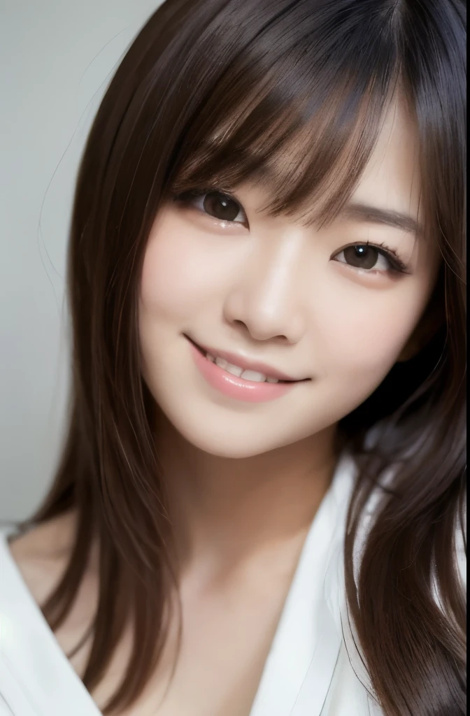 best quality, face focus, soft light, ultra high res, (photorealistic:1.4), RAW photo,(Shinozaki Ai), white skin, kawaii,
1 Japanese girl, solo, cute, (smile), (pupil, lights in the eyes),  detailed beautiful face, Medium-sized breasts,(high resolution detail of human skin texture),(long hair),(portrait), upper body, white traditional kimono, no make
