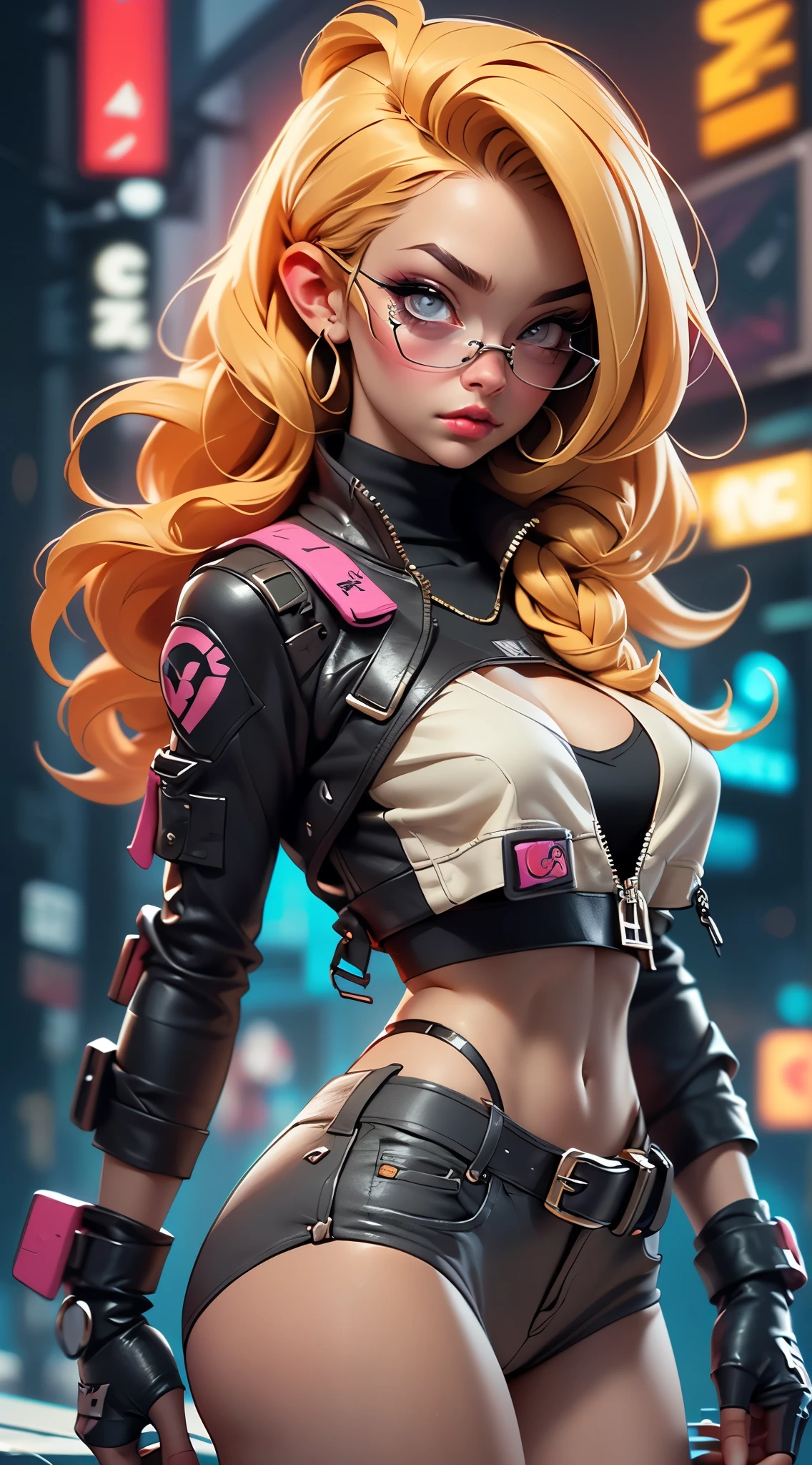 ((Best Quality, best resolution, award-winning portrait, official art)), ((perfect Masterpiece)), ((Realistic)) and ultra-detailed photography of a 1nerdy cyberpunk girl with goth and post apocalyptic colors. She has ((long blonde hair)), wears a (Harajuku-inspired cyberpunk tech-wear top) and a (Harajuku-inspired cyberpunk tech-wear bottom:1.2) , ((the most beautiful and sexy aesthetic)), sexy, super huge enormously gigantic tits, cleavage showing, hot, sexy, seductive, slutty