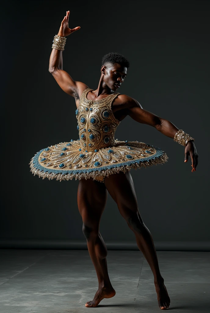 Black male classical dancer in blue gemstone classical ballet costume Beautiful and luxurious conceptual photo High quality 8k No defects 