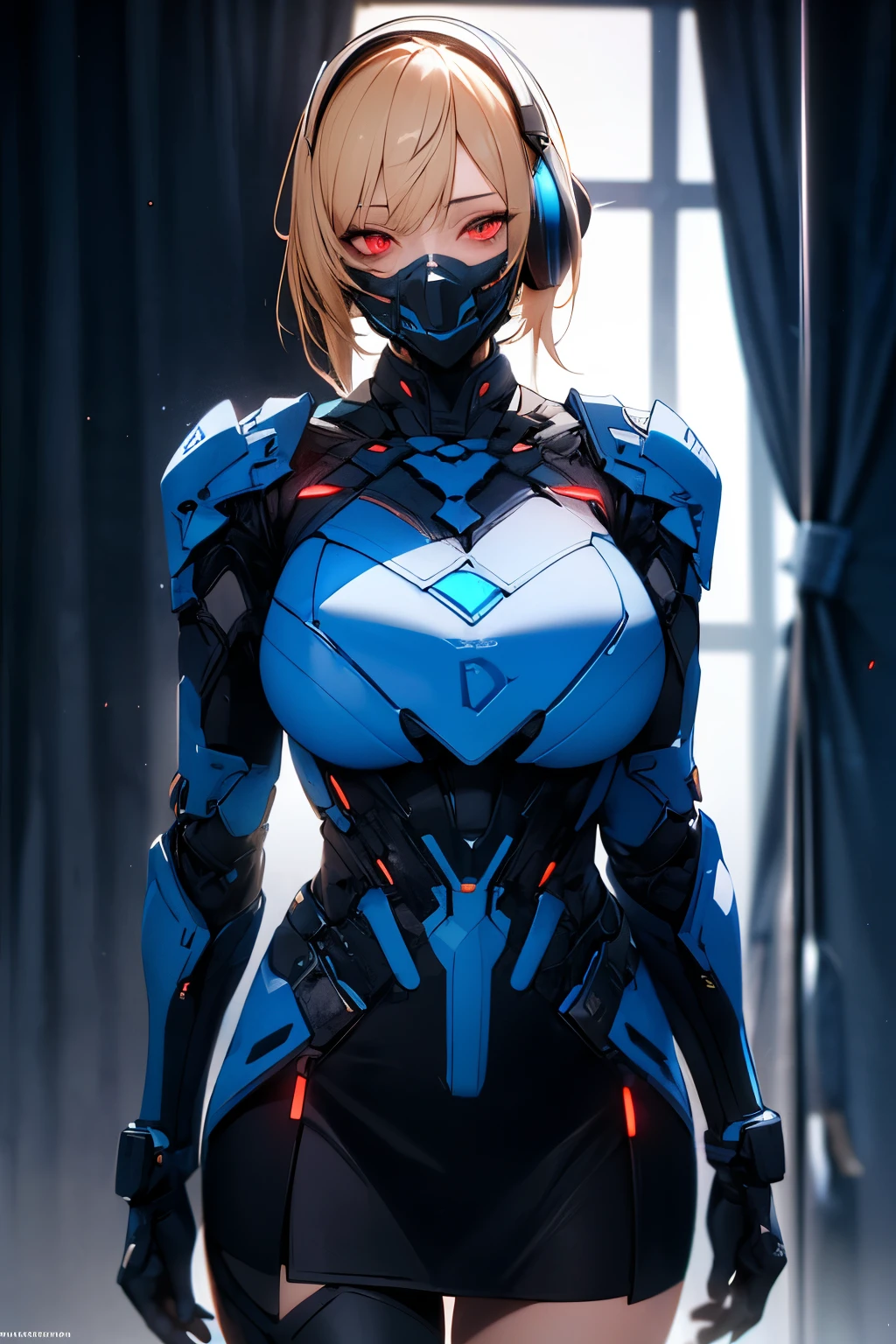 ((best quality)), ((Masterpiece)), (details:1.4), 3d, HDR (high dynamic range), mature woman, เหมือนจริง, Curtain Bangs, Blonde hair, Red eyes, จมูกโด่ง, PBR surface, After processing, Anisotropic filtration,depth of field, Maximum clarity and clarity, multi-layered surface, perfect proportions, 8K raw files,(wearing huge glowing blue scifi cobalt mask and headphones with complex electronics), evening, short skirt, lab, black Armor